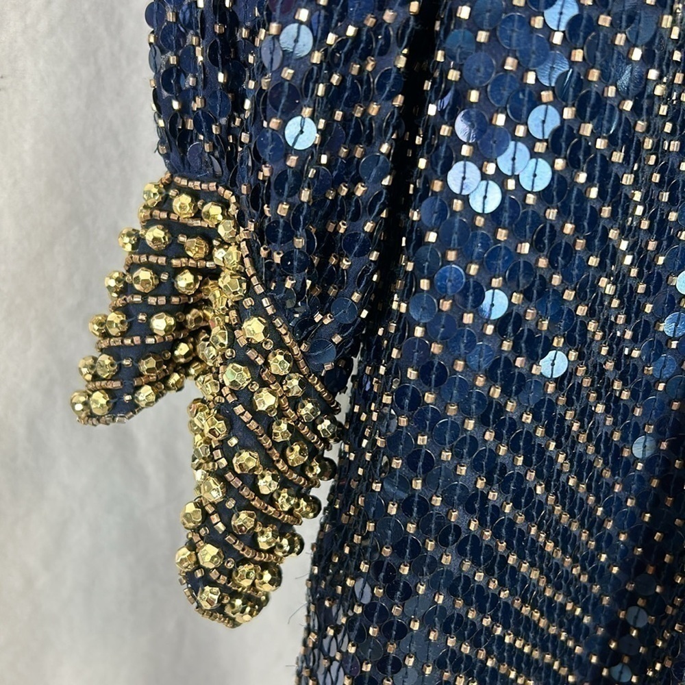 OLEG CASSINI BlackTie Navy Blue & Gold Silk Shimmery Dress W/Beads & Seq… - Picture 5 of 9